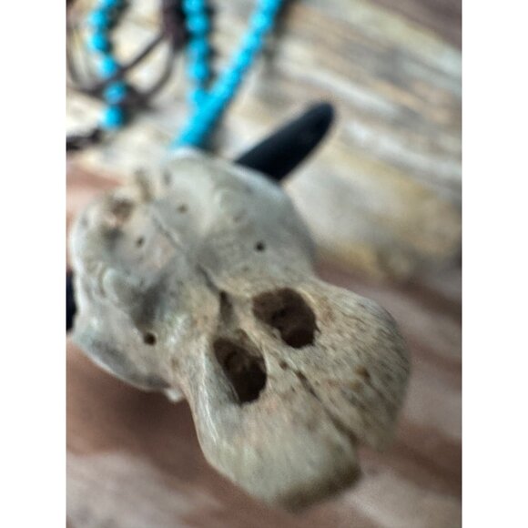 Turquoise Bead Necklace With Carved Bone Bull Skull Pendant & Brown Leather Cord - Picture 6 of 7